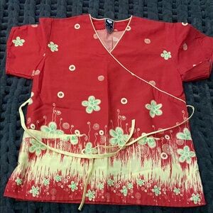 Red Floral Women's Scrub Top